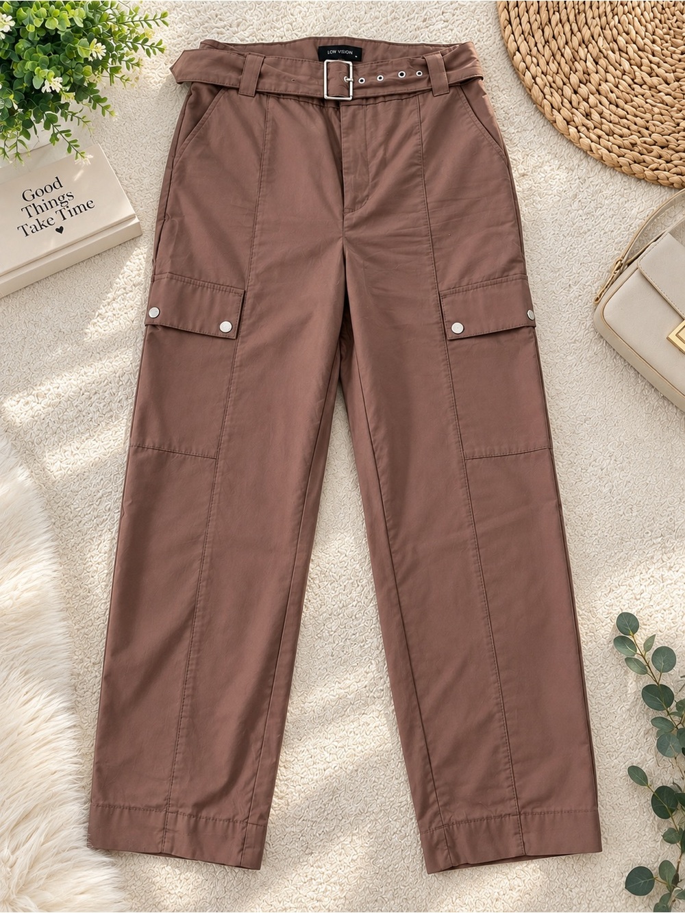 High-Rise Cargo Joggers with Belt in Brown